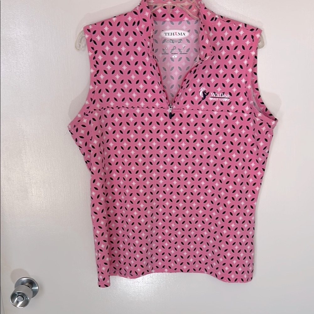 TEHAMA pink, black and white sleeveless golf top, size L